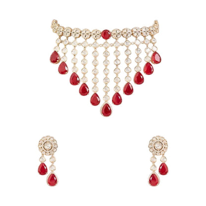 Gold finish ruby red kundan choker necklace set with cascading polki-style strands, ruby pear drops and matching drop earrings – Auraa Trends