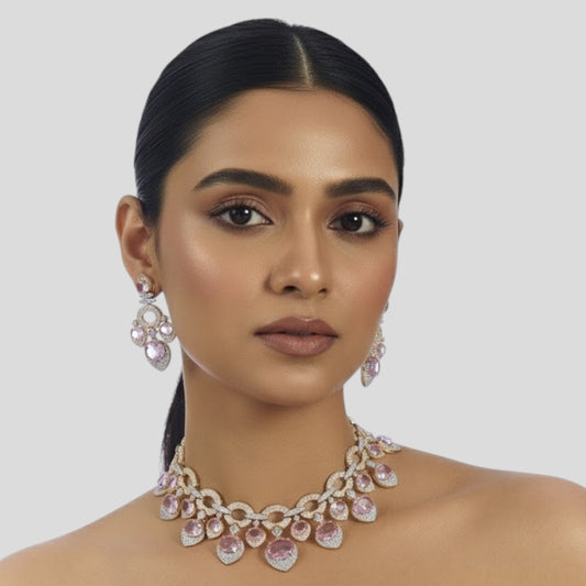 Pink CZ & Gold-Plated Stone-Studded Choker Necklace Set for Women