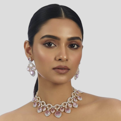 Pink CZ & Gold-Plated Stone-Studded Choker Necklace Set for Women