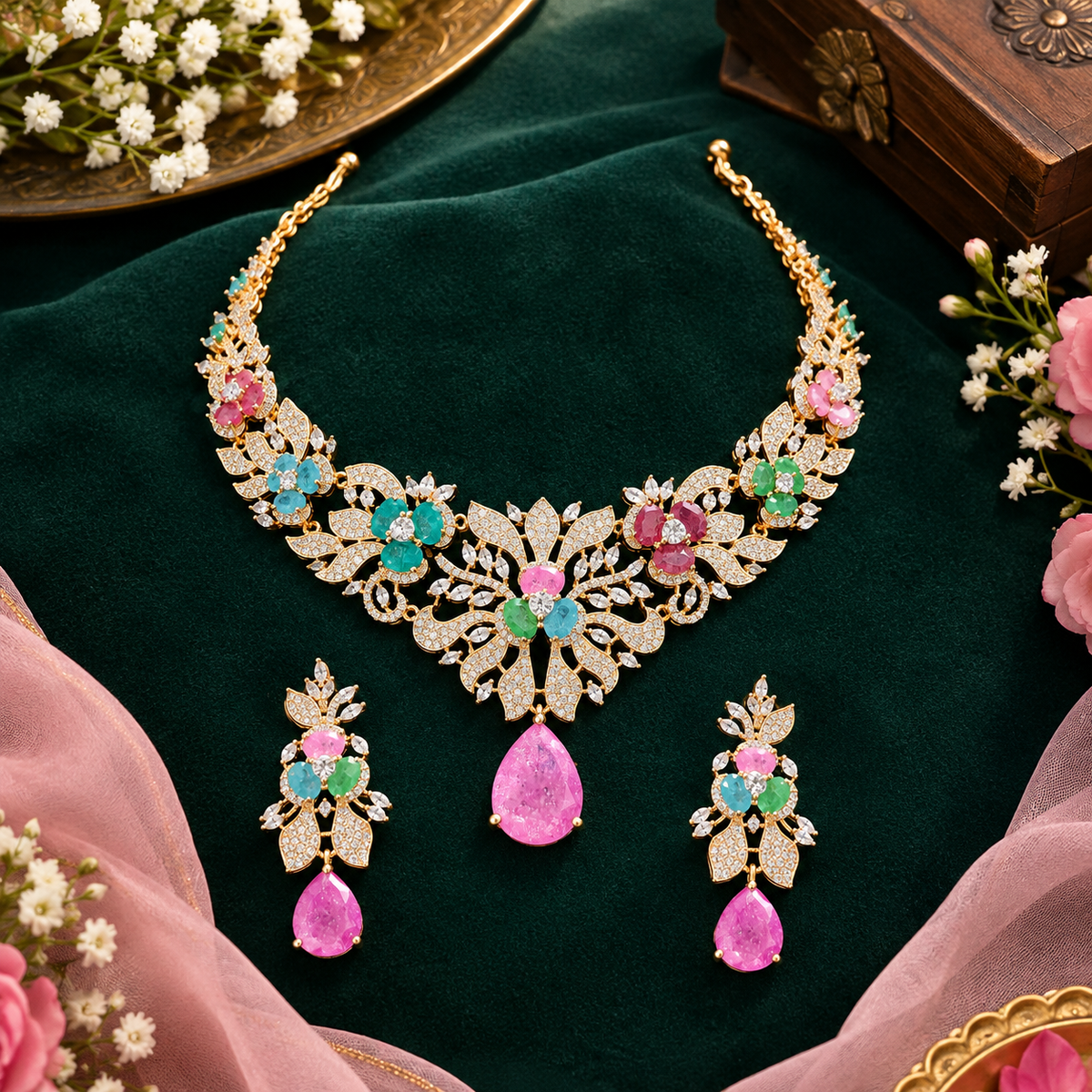 Rose gold plated American diamond necklace set with multicolour pastel flower stones, pink teardrop pendant and matching earrings