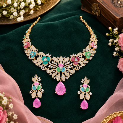 Rose gold plated American diamond necklace set with multicolour pastel flower stones, pink teardrop pendant and matching earrings