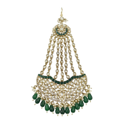 Antique gold-finish kundan passa with five stone strands, emerald-green stones, green drop beads, and pearl-style bead hangings