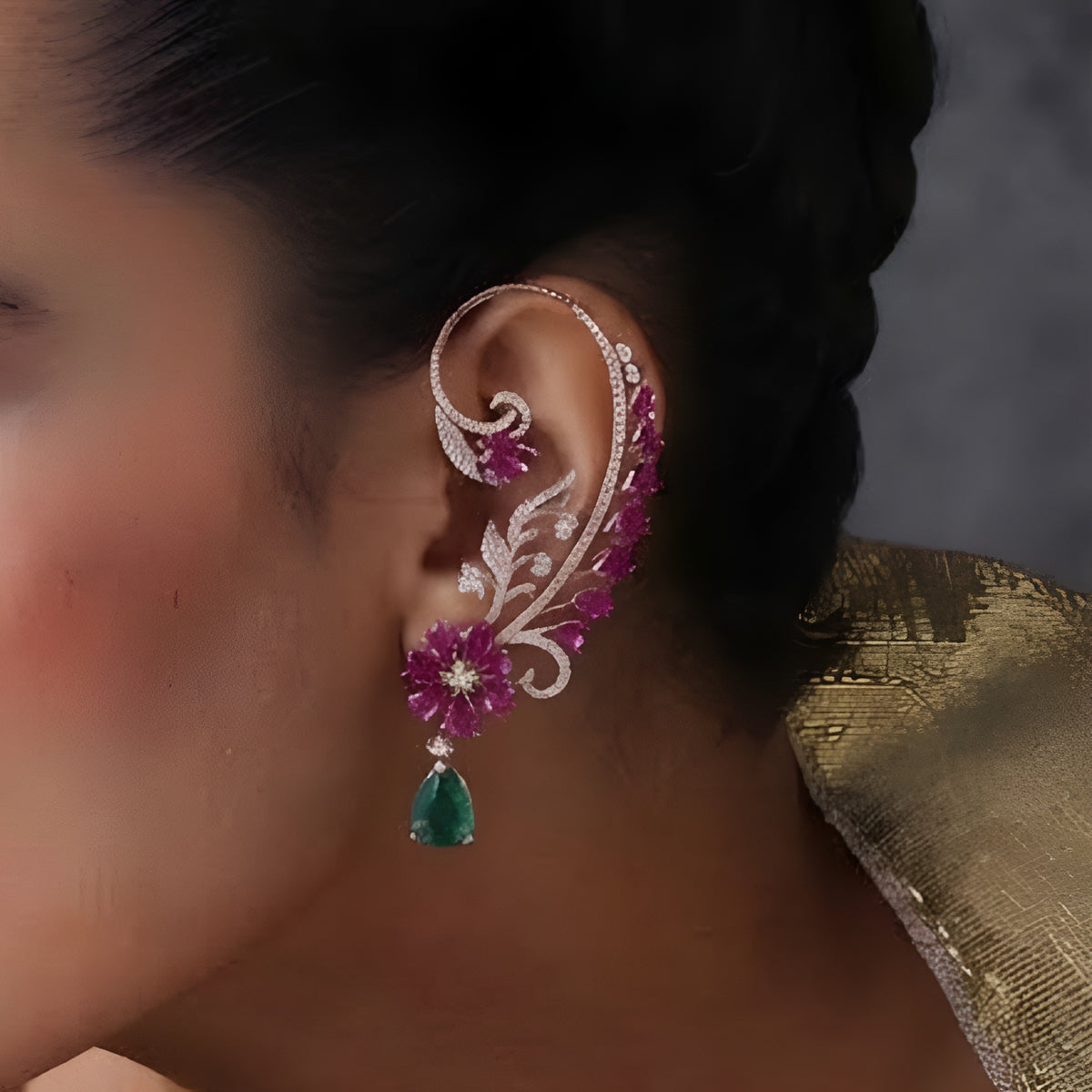 Rose gold ear cuff earrings with ruby pink pear-cut flower, pavé zircon vine design and mint green teardrop stone