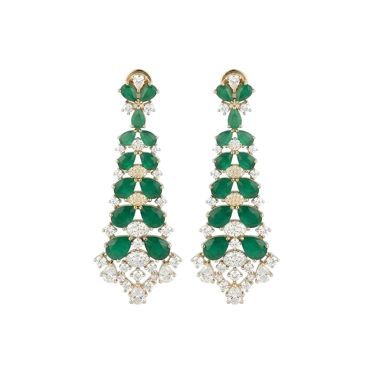Emerald green American diamond choker necklace on a display bust with a matching long drop earring in hand