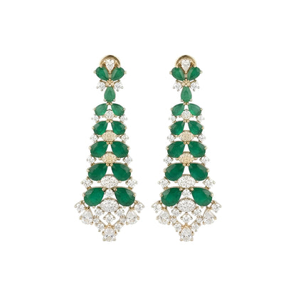 Emerald green American diamond choker necklace on a display bust with a matching long drop earring in hand