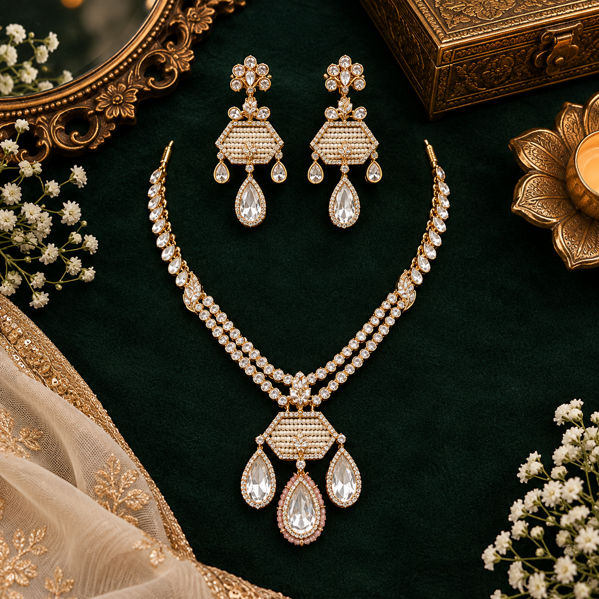 Rose gold kundan polki pendant necklace set with hexagon seed pearl pendant, pear-shaped polki drops and matching earrings