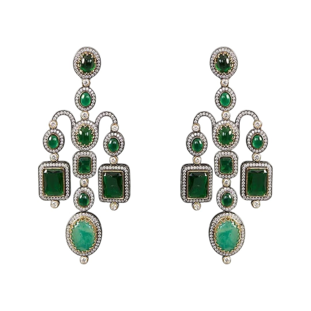 Emerald green Victorian chandelier earrings with kundan zircon stonework and oxidised finish