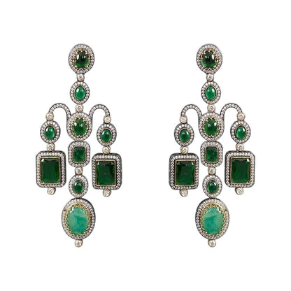 Emerald green Victorian chandelier earrings with kundan zircon stonework and oxidised finish