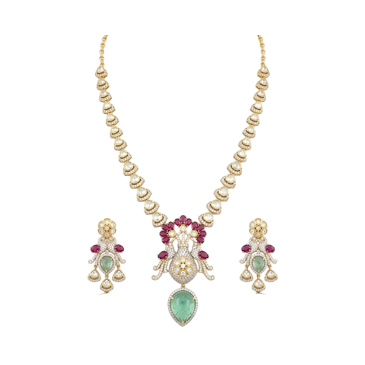 Gold-finish peacock pendant necklace set with ruby-pink stones, carved green drop and matching earrings by Auraa Trends