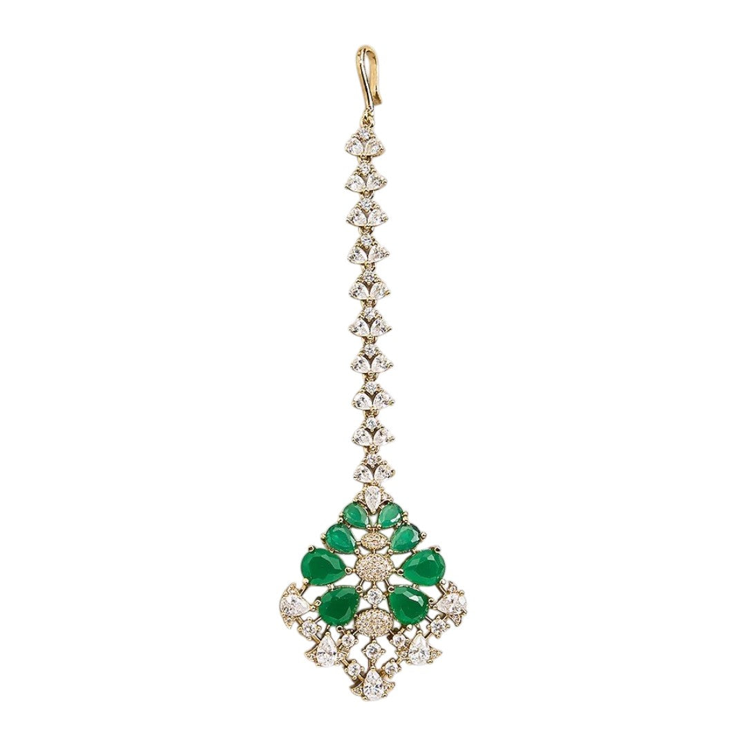 Gold finish American diamond maang tikka with emerald green pear stones, clear zircon accents and a leaf-shaped zircon chain – Auraa Trends