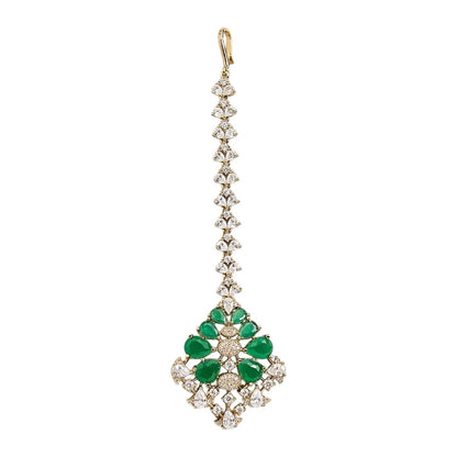 Gold finish American diamond maang tikka with emerald green pear stones, clear zircon accents and a leaf-shaped zircon chain – Auraa Trends