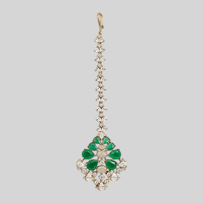 Gold finish American diamond maang tikka with emerald green pear stones, clear zircon accents and a leaf-shaped zircon chain – Auraa Trends