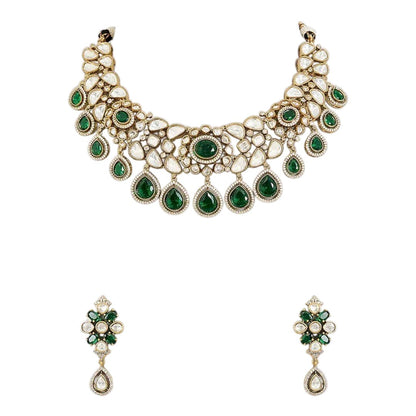 "Gold-tone Kundan choker necklace set with emerald green teardrop drops and matching earrings"