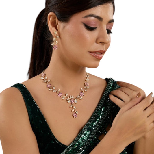 Gold-Toned Floral Kundan Necklace Set featuring Pink Stone Accents