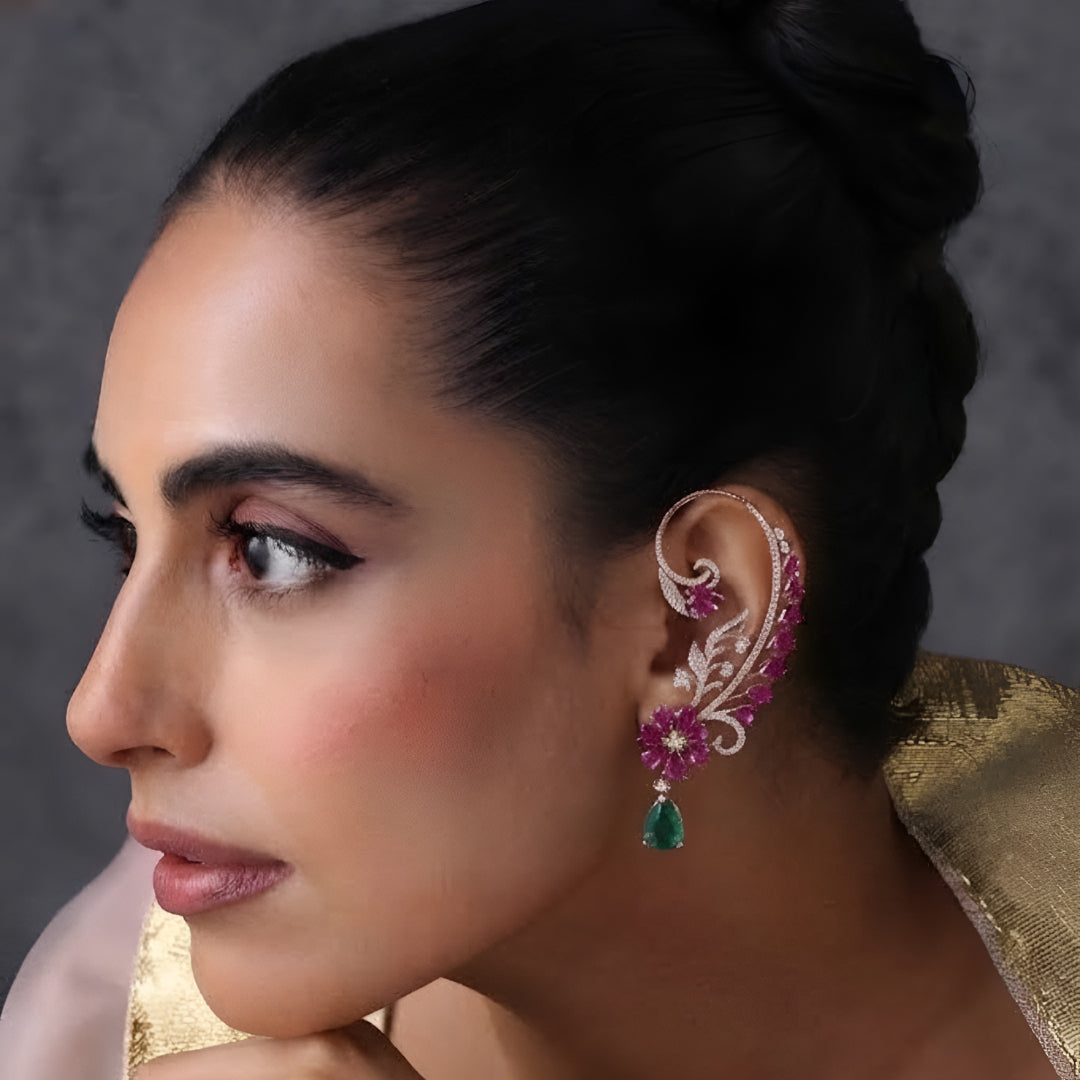 Rose gold ear cuff earrings with ruby pink pear-cut flower, pavé zircon vine design and mint green teardrop stone