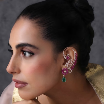 Rose gold ear cuff earrings with ruby pink pear-cut flower, pavé zircon vine design and mint green teardrop stone