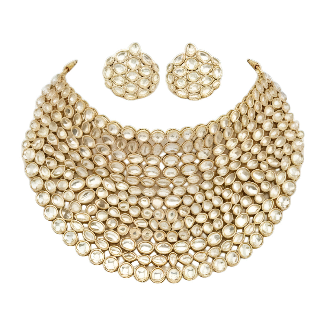 "Gold-tone kundan studded bib-style bridal necklace set with matching round stud earrings on white background"