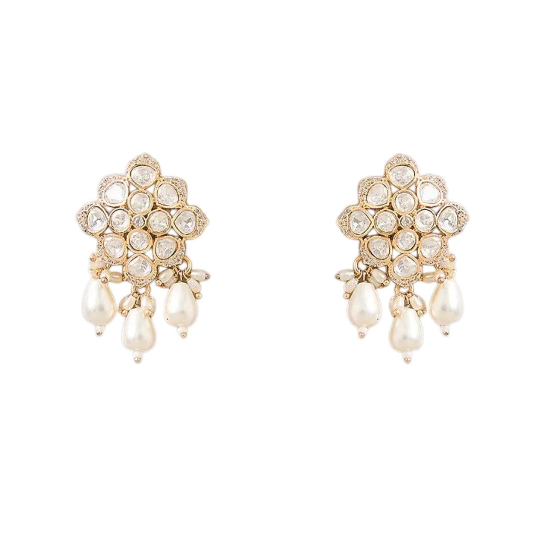 Elegant pearl necklace set with Kundan-style pendant and matching pearl drop earrings

