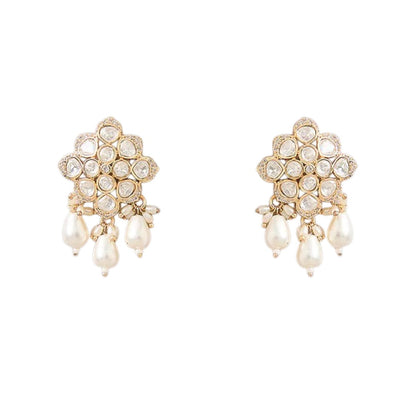 Elegant pearl necklace set with Kundan-style pendant and matching pearl drop earrings

