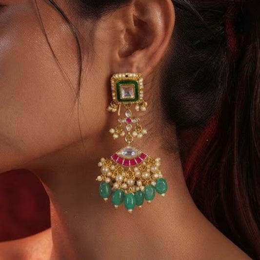 Kundan Meenakari Earrings with Green Enamel & Ruby