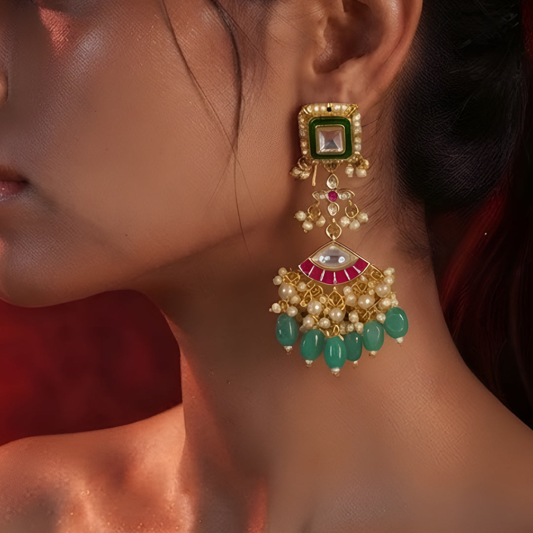 Kundan Meenakari Earrings with Green Enamel & Ruby