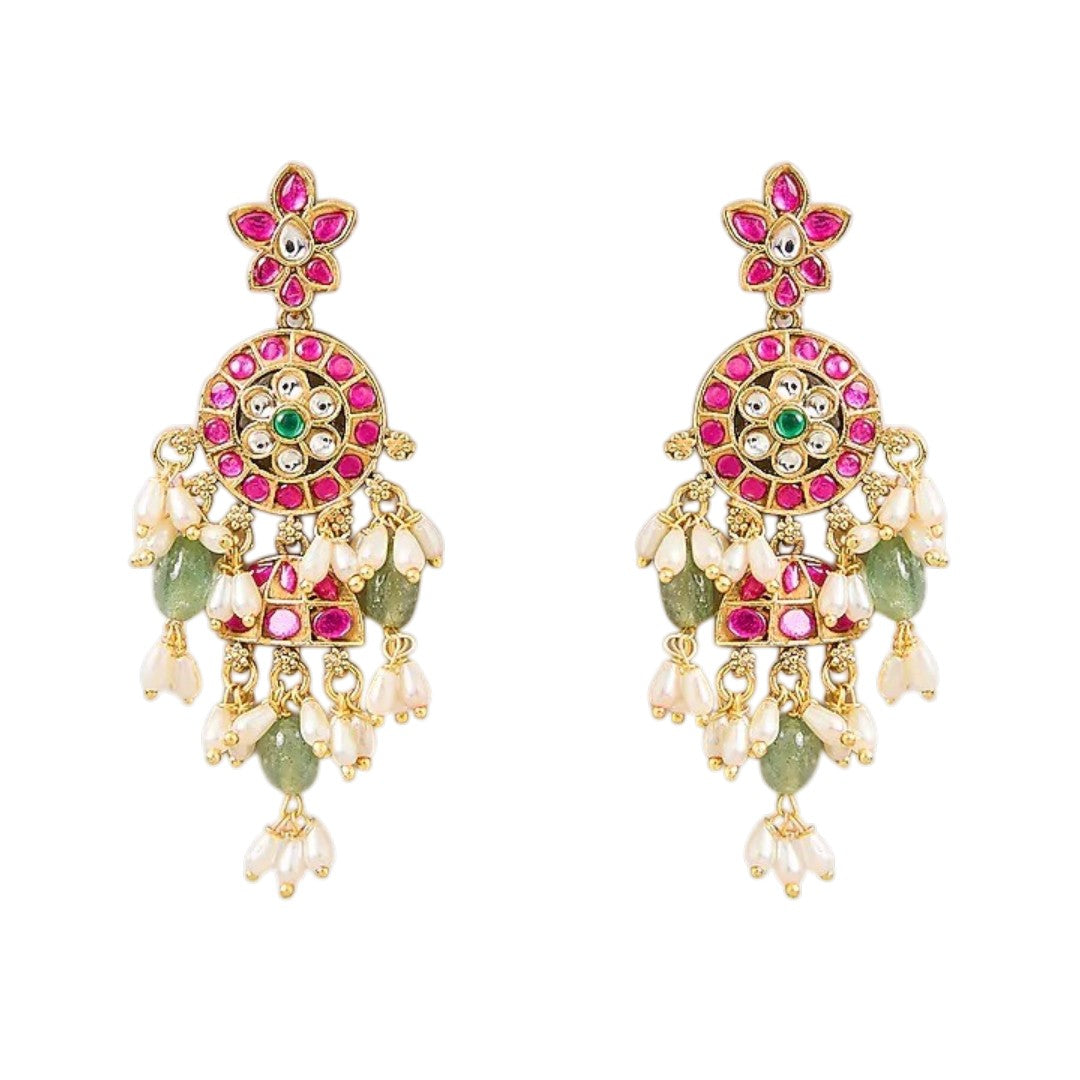 Pink and green Kundan-style necklace set with statement pendant and matching earrings