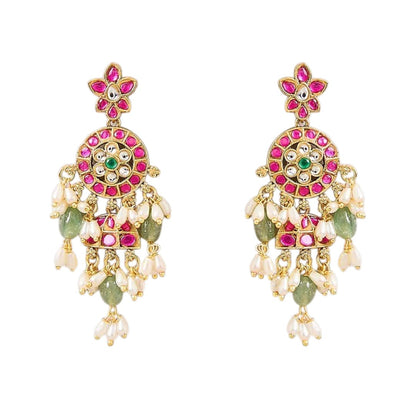 Pink and green Kundan-style necklace set with statement pendant and matching earrings