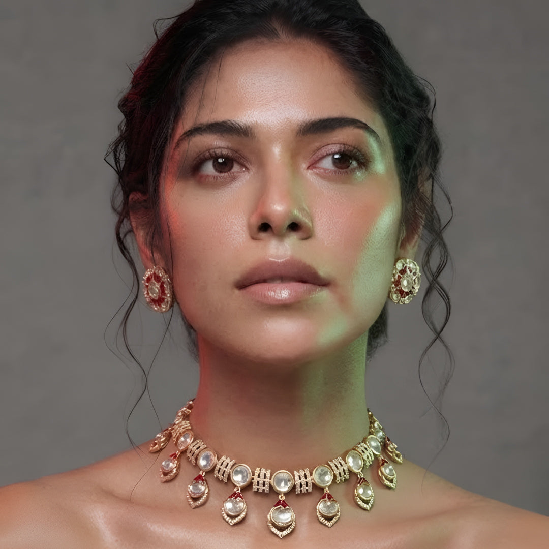 Pink Kundan Necklace Set with Floral Stud Earrings