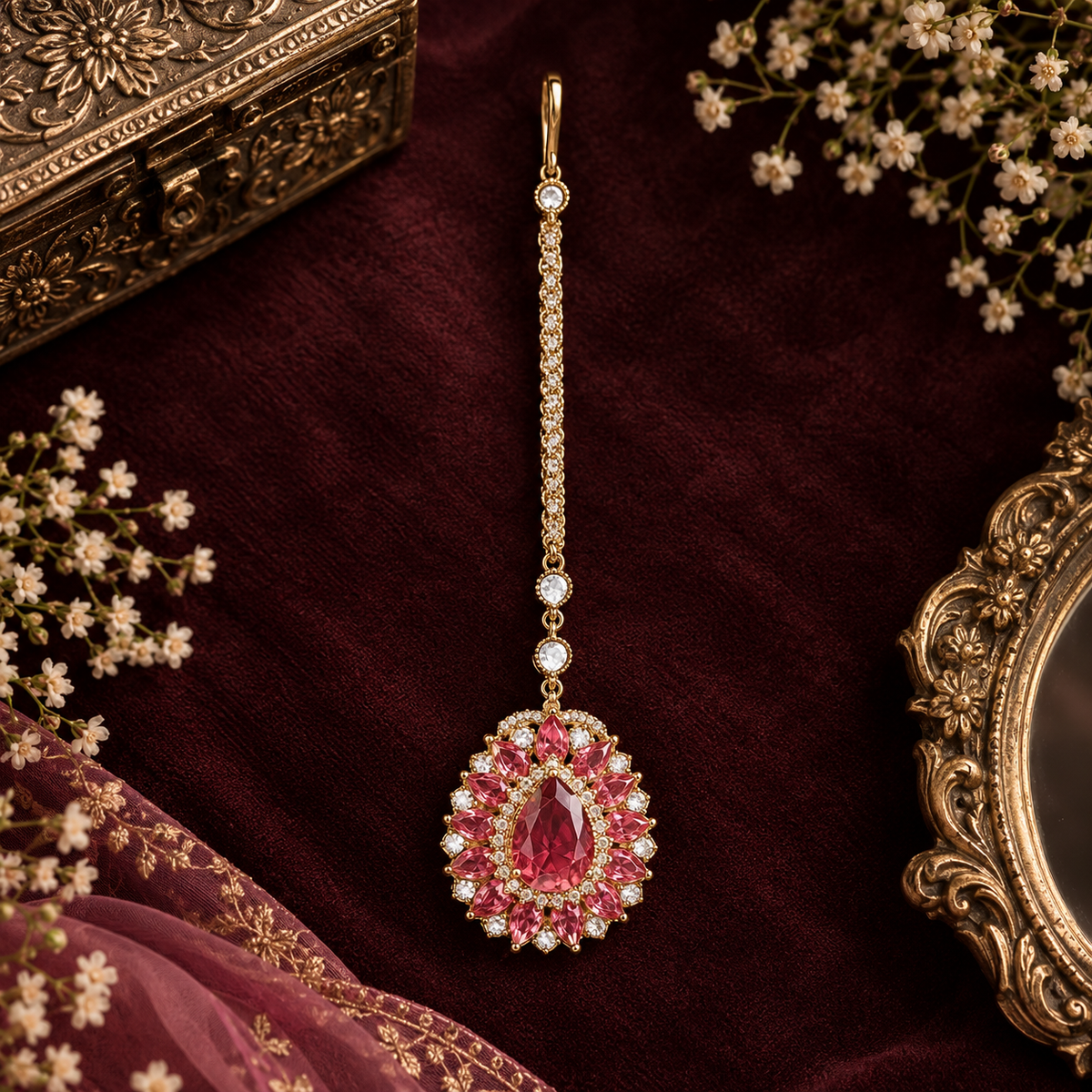 Gold finish American diamond maang tikka with ruby pink pear centre stone, pink marquise floral border, zircon accents and delicate chain – Auraa Trends