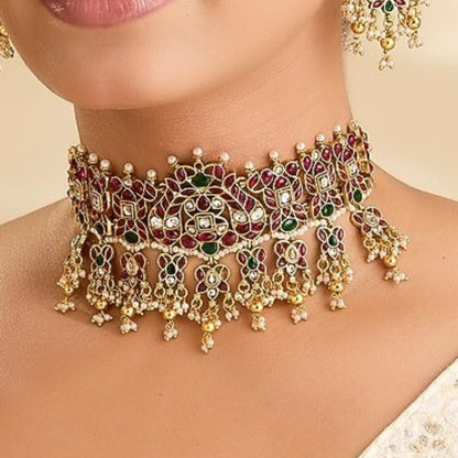 Traditional red green stone gold-tone choker necklace set with matching earrings