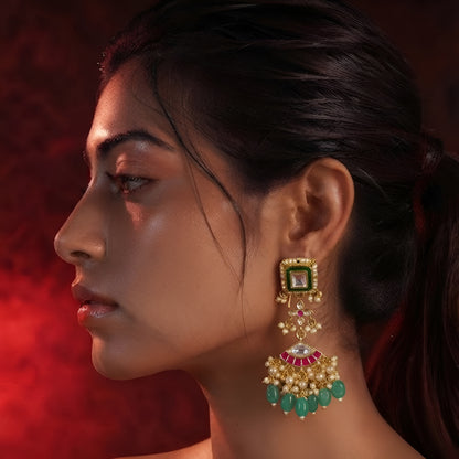 Kundan Meenakari Earrings with Green Enamel & Ruby