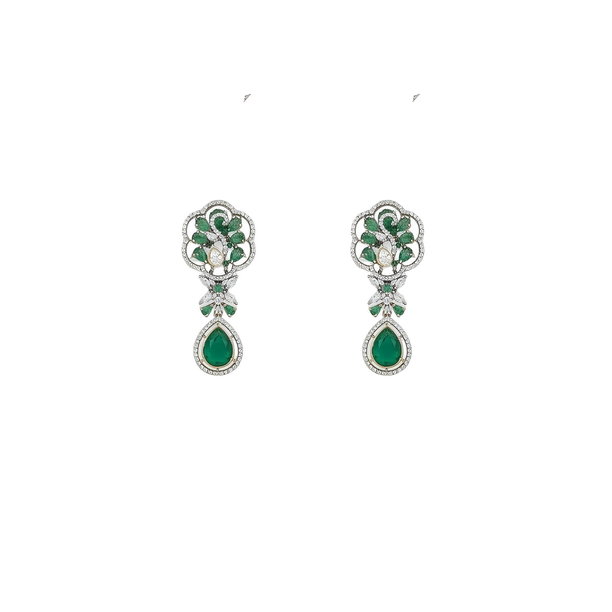 Gold plated emerald green Victorian bridal choker necklace set with American diamond scrollwork, green pear drop pendant and matching earrings