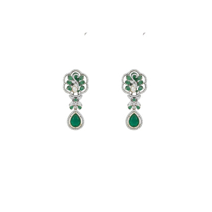 Gold plated emerald green Victorian bridal choker necklace set with American diamond scrollwork, green pear drop pendant and matching earrings