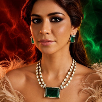 Green Crystal Pendant Necklace Set with Earrings Gold Plated Statement