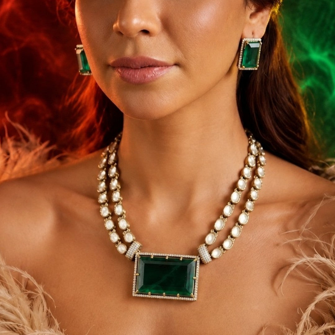Green Crystal Pendant Necklace Set with Earrings Gold Plated Statement