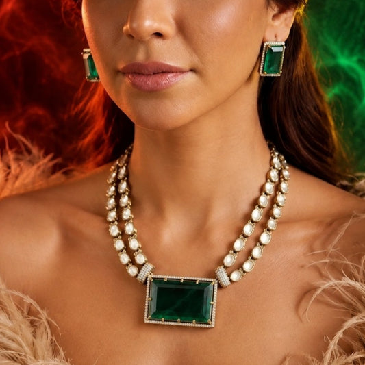 Green Crystal Pendant Necklace Set with Earrings Gold Plated Statement