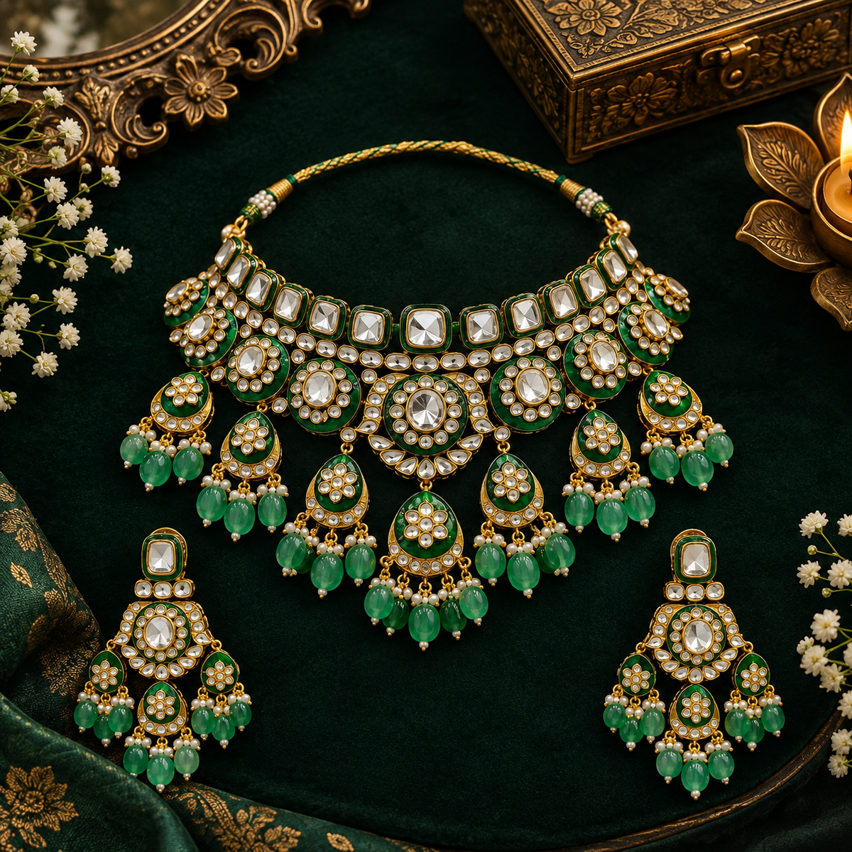 Gold-finish green meenakari kundan polki bridal choker necklace set with mint green bead drops and matching chandelier earrings