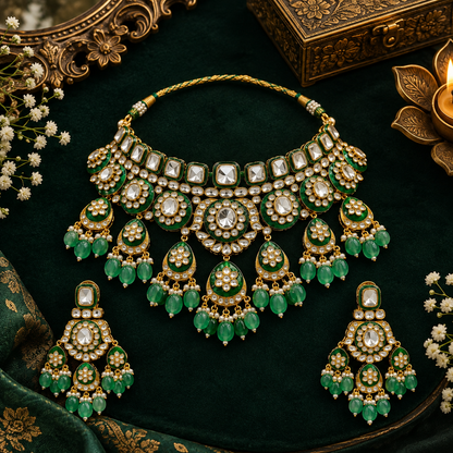 Gold-finish green meenakari kundan polki bridal choker necklace set with mint green bead drops and matching chandelier earrings