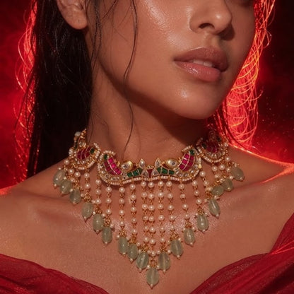 "Gold-plated Kundan Meenakari choker necklace and earring set with pearl and green bead drops, styled bridal jewellery on model"