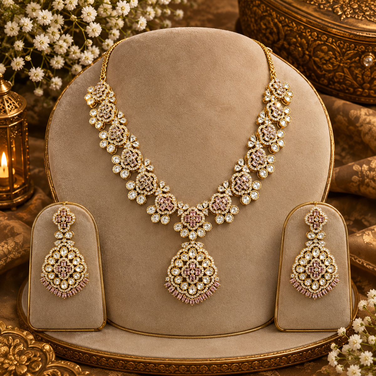 Gold-Finish Pink Zircon Kundan Necklace Set