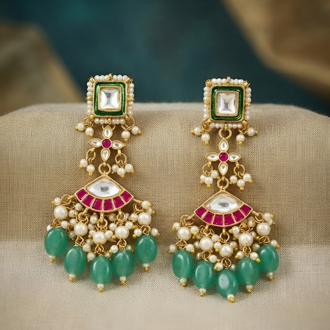 Kundan Meenakari Earrings with Green Enamel & Ruby