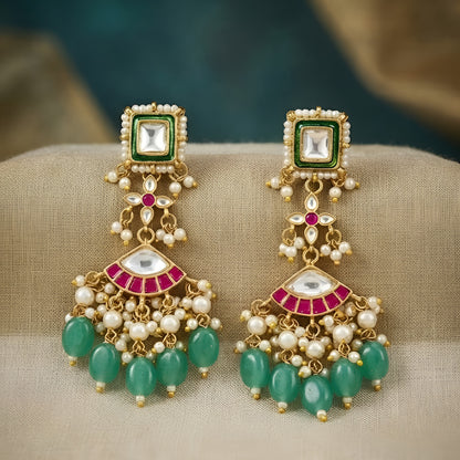 Kundan Meenakari Earrings with Green Enamel & Ruby
