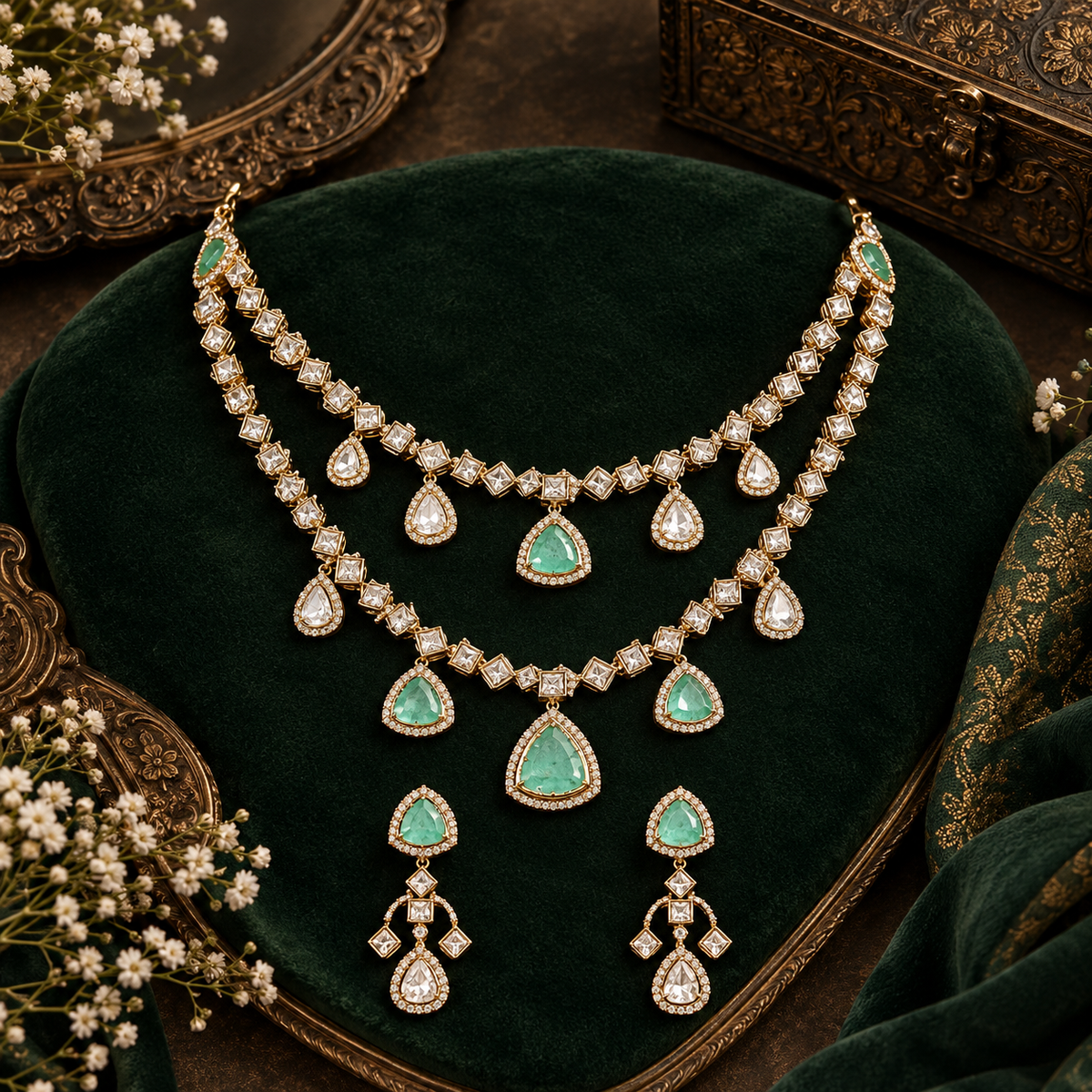 Gold finish two-layer American diamond necklace set with mint green triangular stones, polki-style clear drops and matching chandelier earrings – Auraa Trends