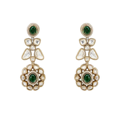 "Gold-tone Kundan choker necklace set with emerald green teardrop drops and matching earrings"
