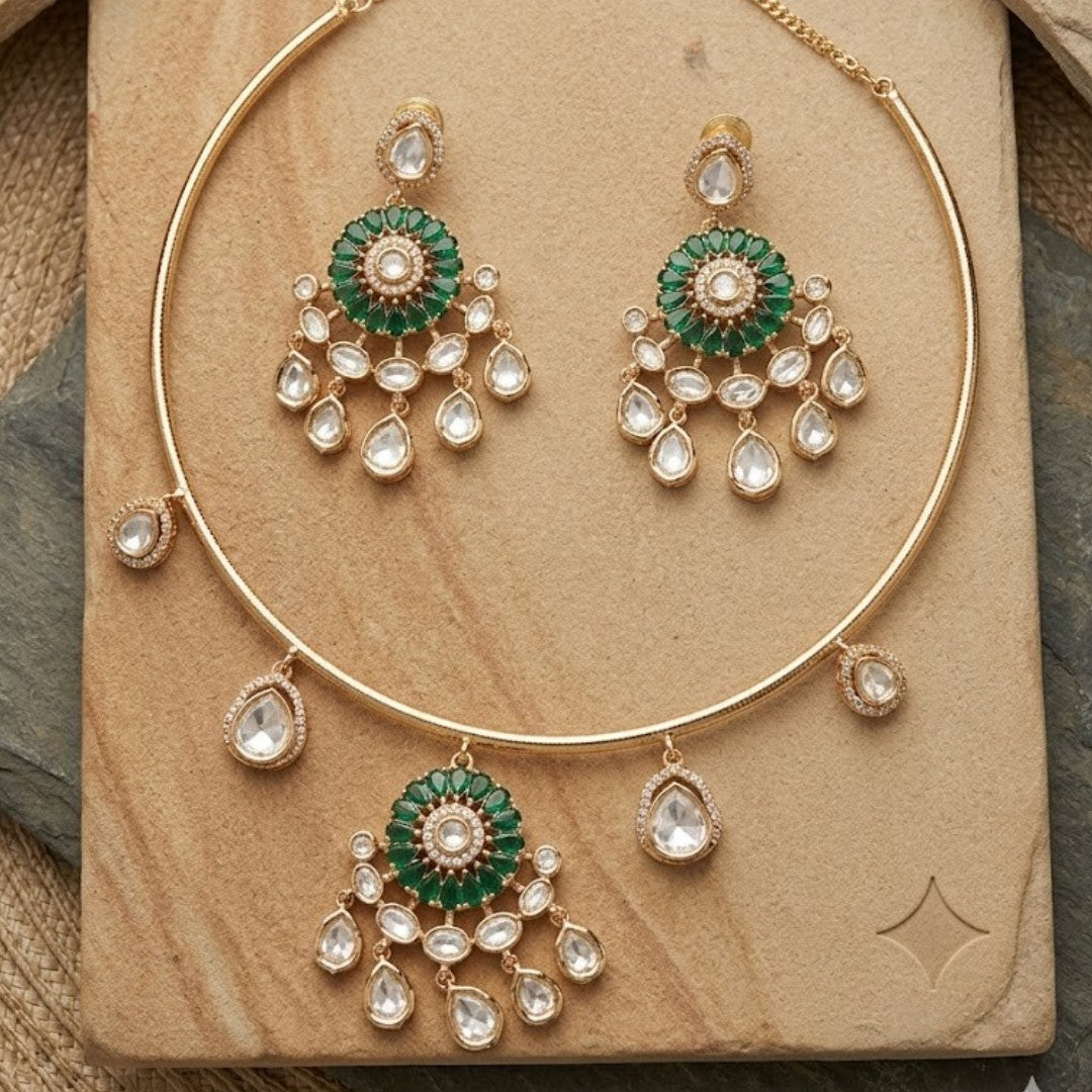 Green Stone Gold Plated Choker Necklace Set with Matching Earrings for Women
