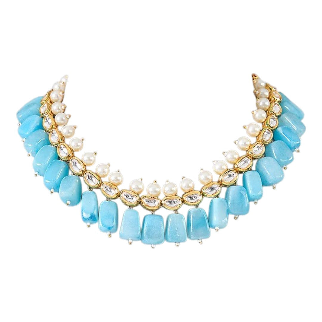 Turquoise amazonite kundan choker necklace with pearl drops and matching earrings
