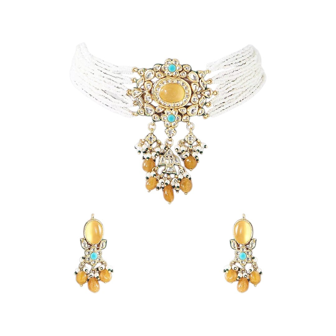 Multi-strand white beaded kundan choker necklace with yellow stone centrepiece and yellow bead drops, shown with matching earrings
