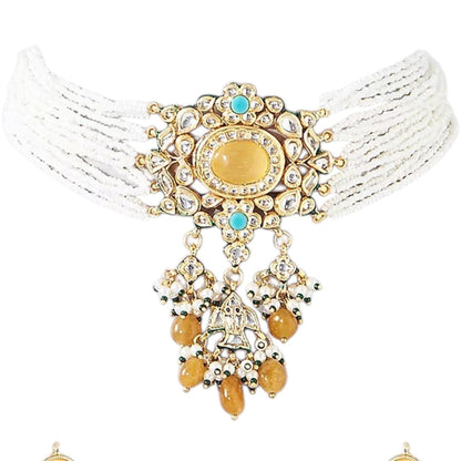 Yellow Kundan Choker Necklace Set with Multi-Strand Pearl Beads