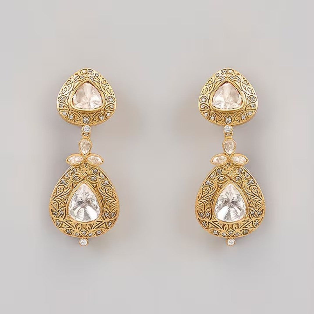 Antique Gold Kundan Teardrop Earrings – Polki Jewellery