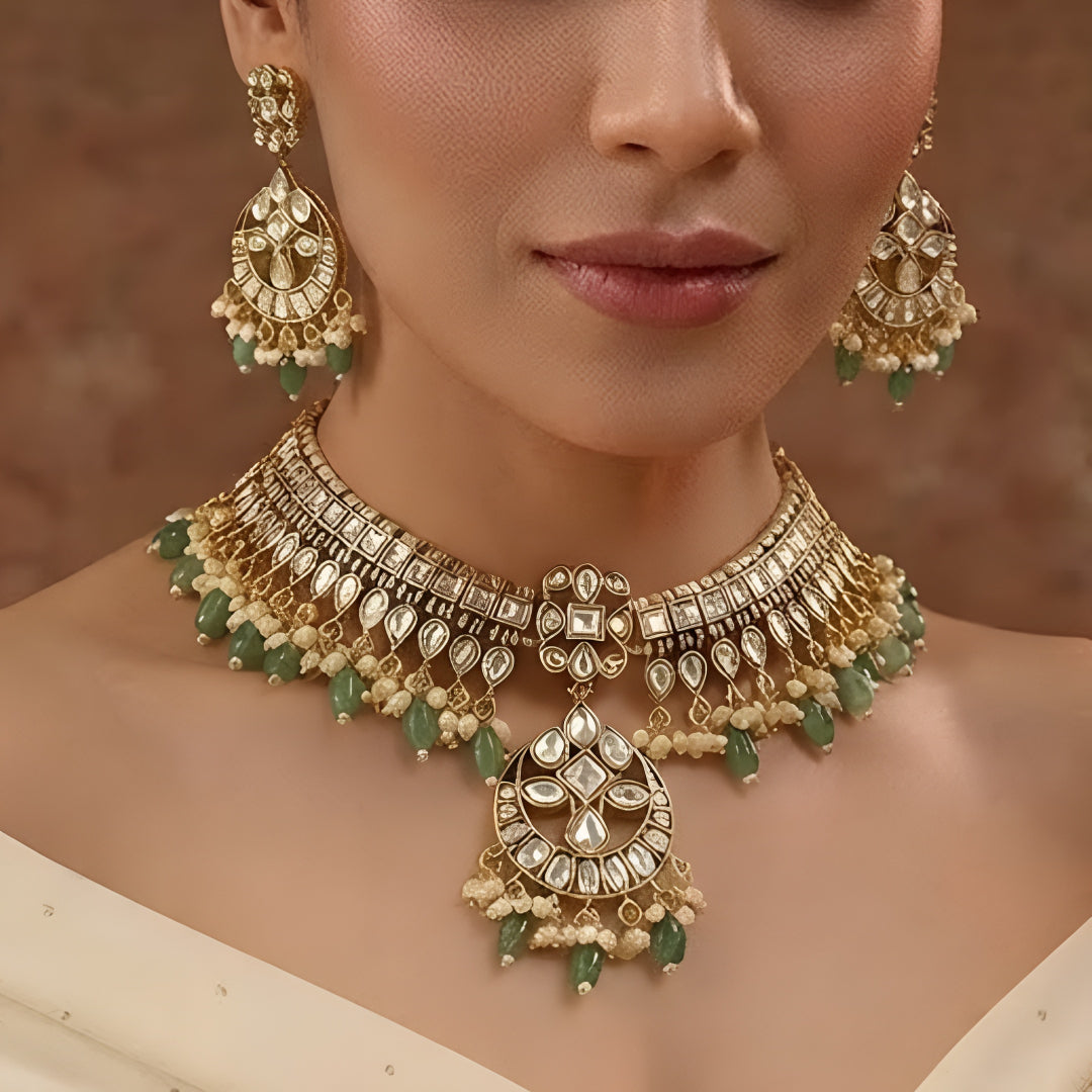Green Kundan Necklace Set with Matching Earrings